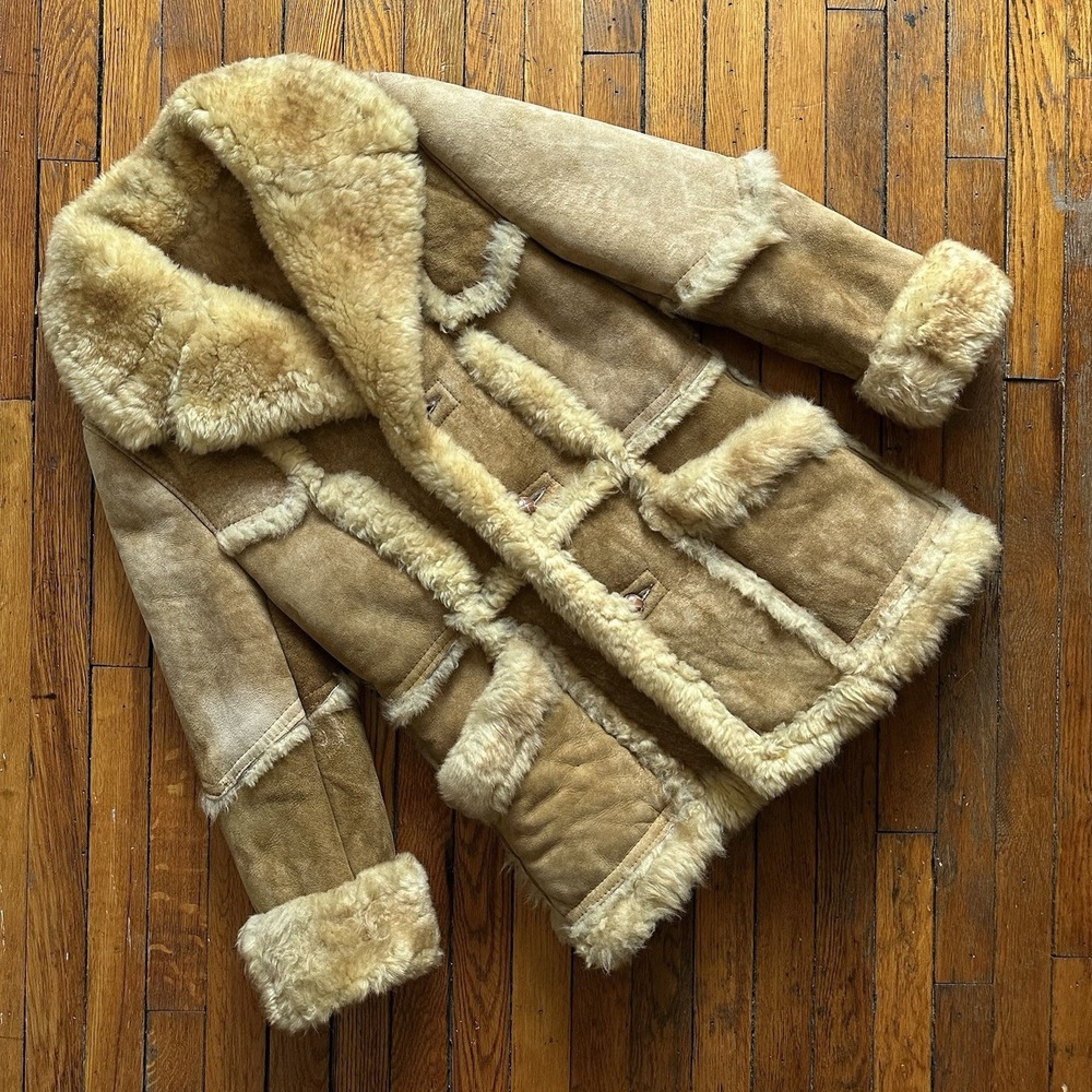 Vtg 70s Shearling Milano Lambskin Sheepskin Patchwork Coat Women 34 S Beige Tan